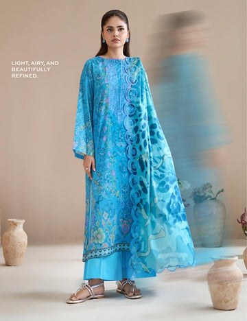 3-Piece Sky Blue Printed Lawn Suit with Scalloped Border Dupatta