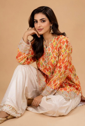 Citrus Fiesta – 2 Piece Embroidered Short Kurti Set