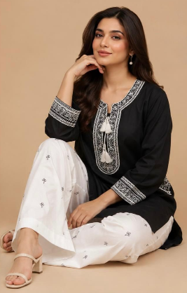 Charcoal Ivory – 2 Piece Luxury Embroidered Kurti Set