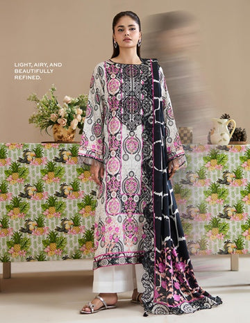 3-Piece Black and White Printed Lawn Suit with Pink Accents & Chunri Style Dupatta