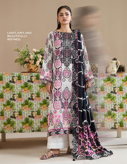 3-Piece Black and White Printed Lawn Suit with Pink Accents & Chunri Style Dupatta